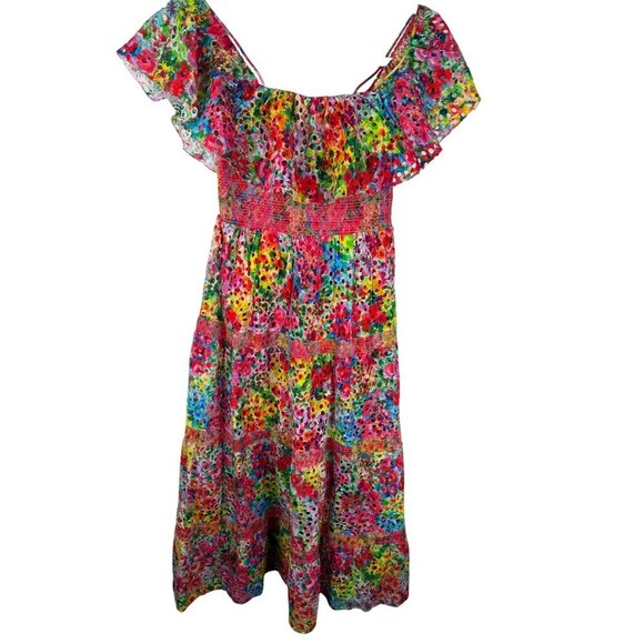 Alice & Olivia Cold-Shoulder Eyelet Midi Dress Size 0 Colorful Garden Floral - Picture 5 of 12